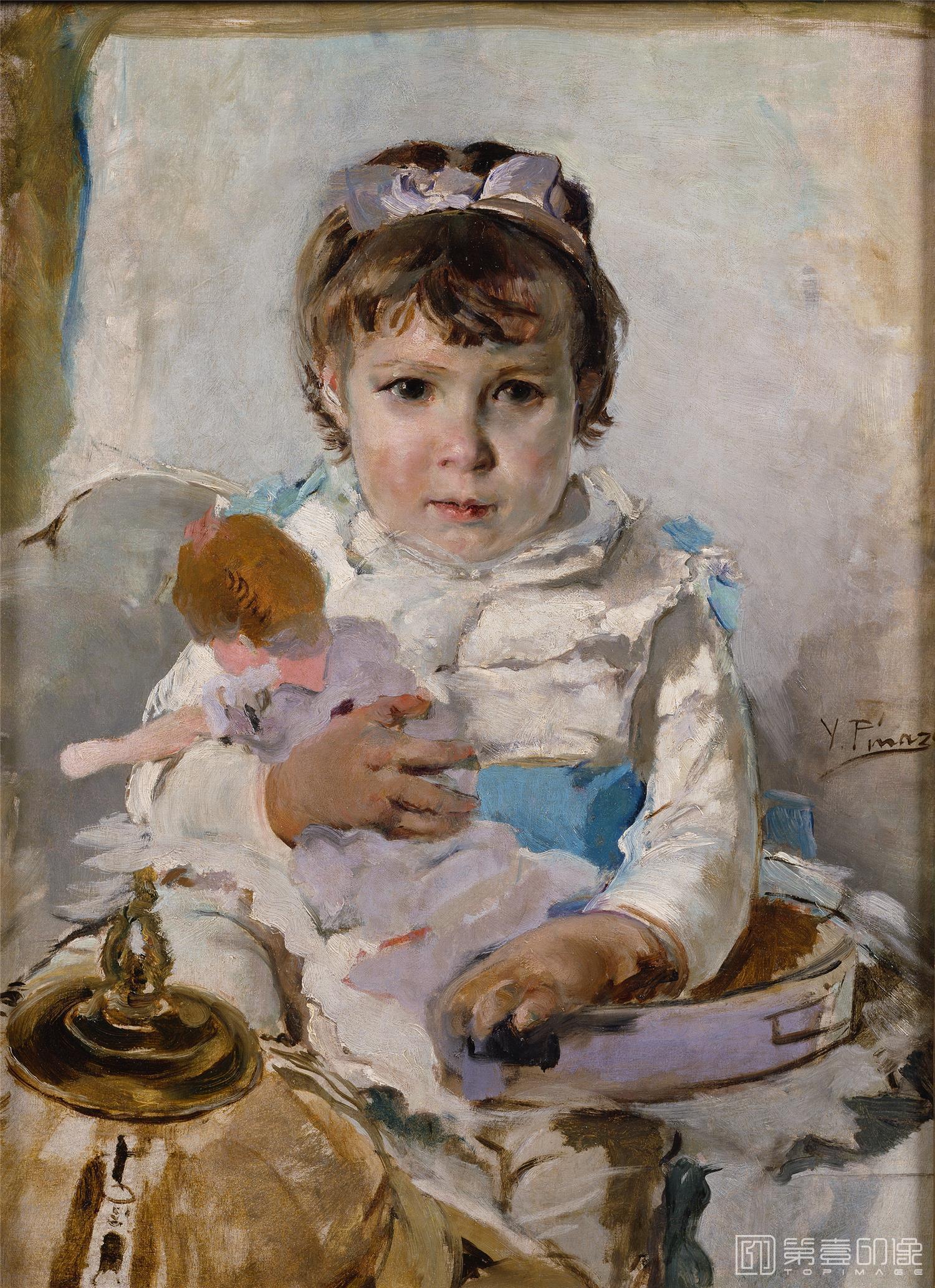 油画-西班牙普拉多美术馆油画藏画-Pinazo Camarlench, Ignacio-Niña con muñeca-69cm x 52cm-2134